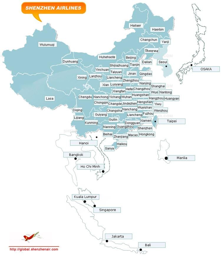 karte Shenzhen airlines maršrutu